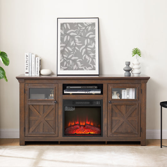 2 Doors Cabinet Farmhouse  Cabinet, Farmhouse TV Stand Barn Design,Farmhouse TV Media Stand, Large Barn Inspired Home Entertainment Console with 18" fireplace insert,Espresso,60.23"W*15.35"D*31.7"H