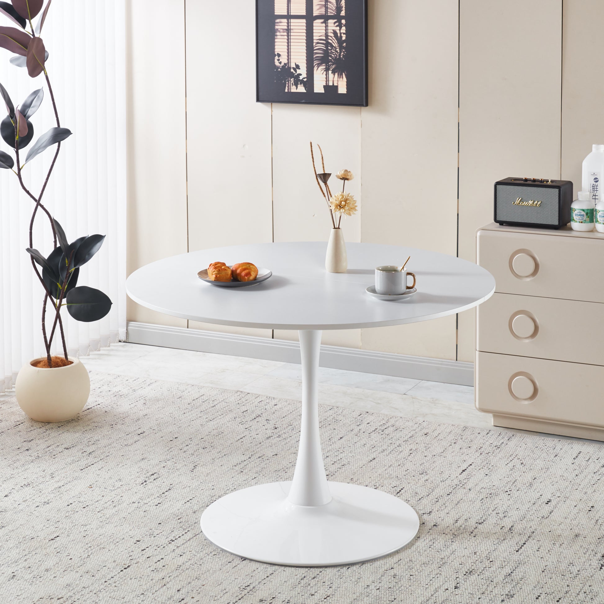 42.1" White Color Top Tulip Table, Mid-century Dining Table for 4-6 People - Round MDF Table Top (the tabletop consists of two panels), Pedestal Dining Table, End Table & Leisure Coffee Table