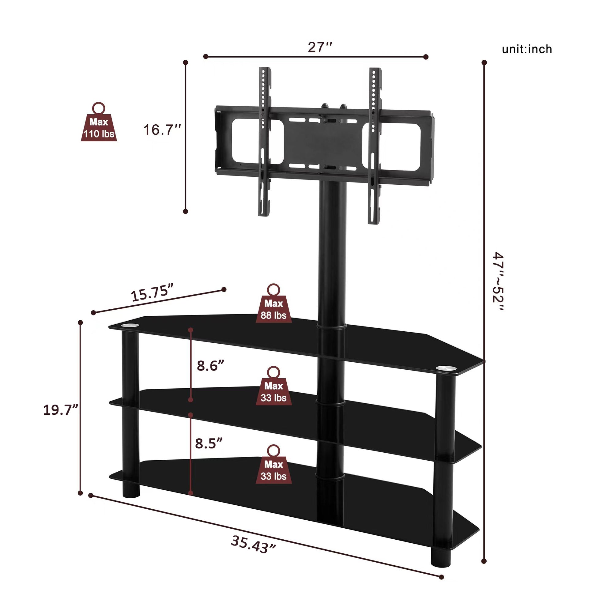 35.4 Inch Black TV Stand - Adjustable Height Swivel Shelf