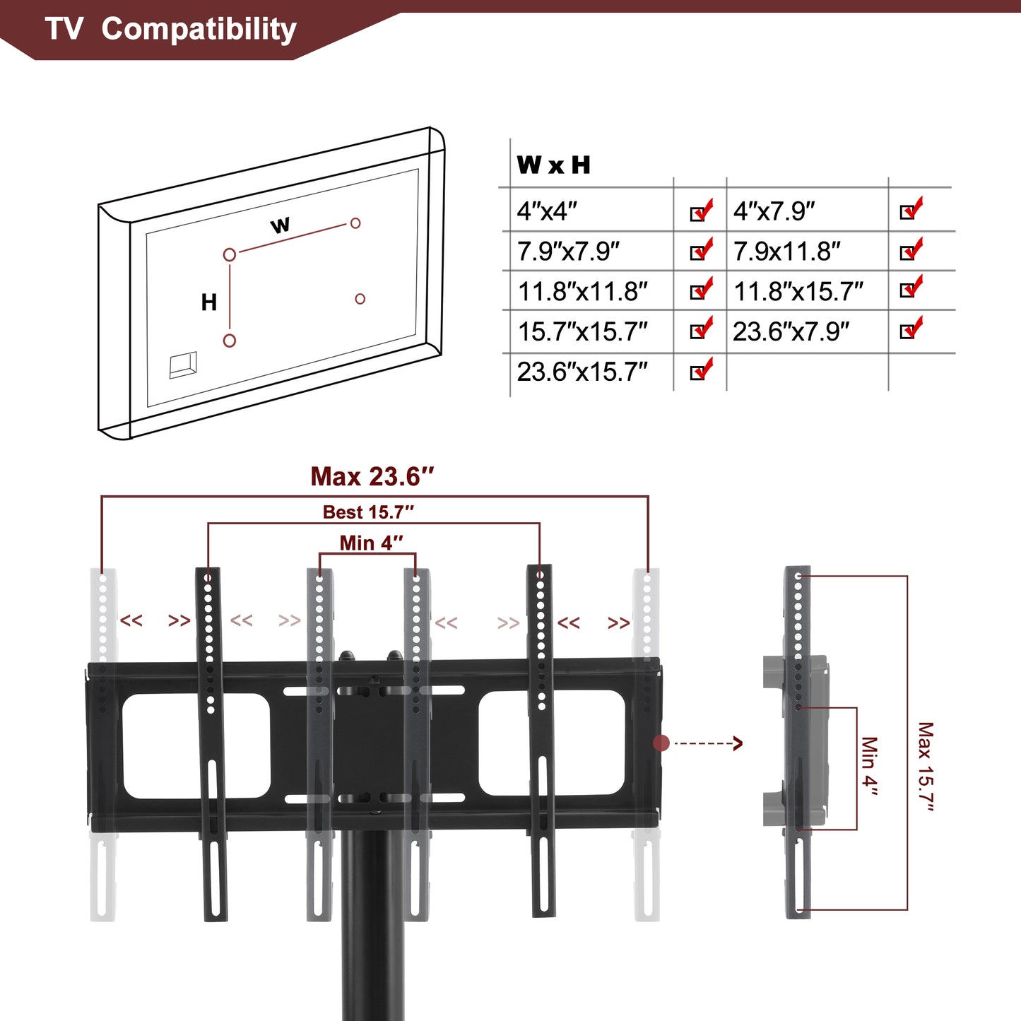 35.4 Inch Black TV Stand - Adjustable Height Swivel Shelf