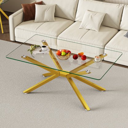 39.37" Rectangular Clear Tempered Glass Coffee Table,Stylish Design with Gold Metal Legs, Coffee Table for Living Room