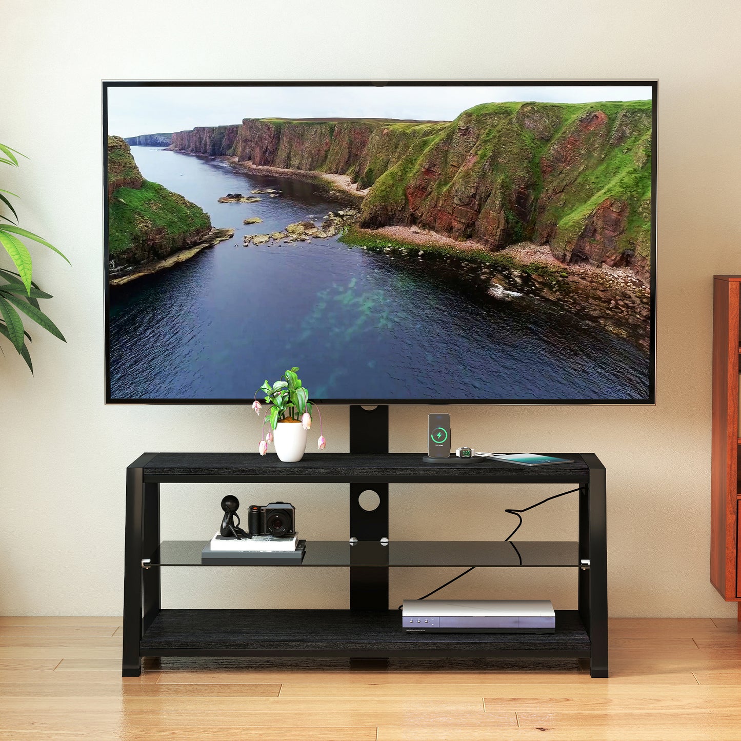 Black Tempered Glass TV Stand - Swivel & Storage for Living Room