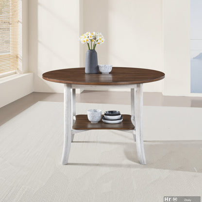 45.7" Round Dining Table with Storage Shelf, Modern Farmhouse Style, 30" Height, Rustic Dark Wood Top