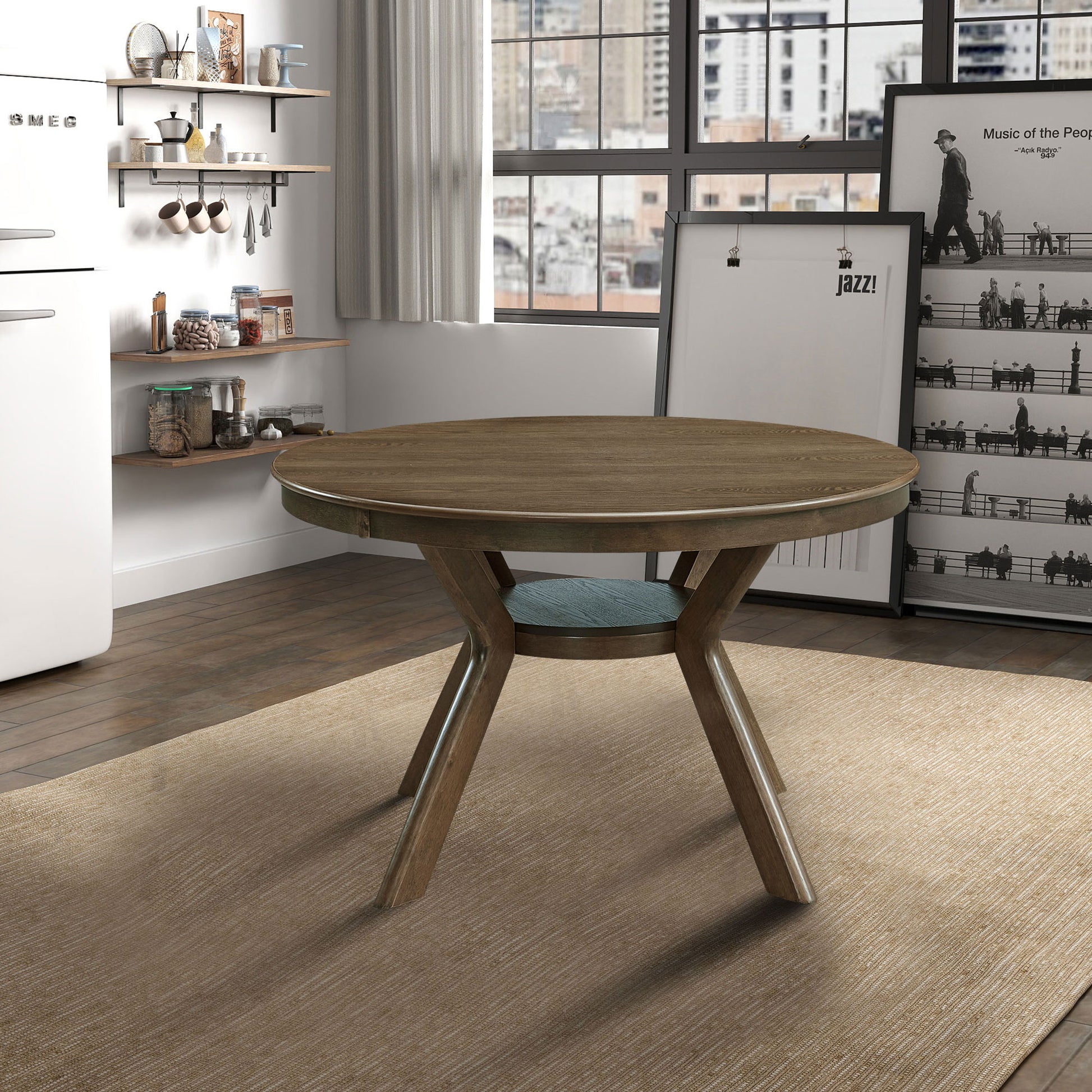 47.24''Round Rubber Wood Dining Table for 4-6 with Wooden Trestle Pedestal Base,Modern Kitchen Wooden Table Dinner Table for Dining Room, Living Room,Oak(1Table)