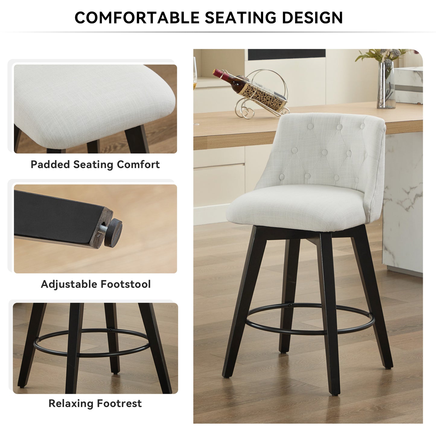 White Bar Stools Set of 2 - 25 Inch Counter Height Swivel Bar Stools with Foam