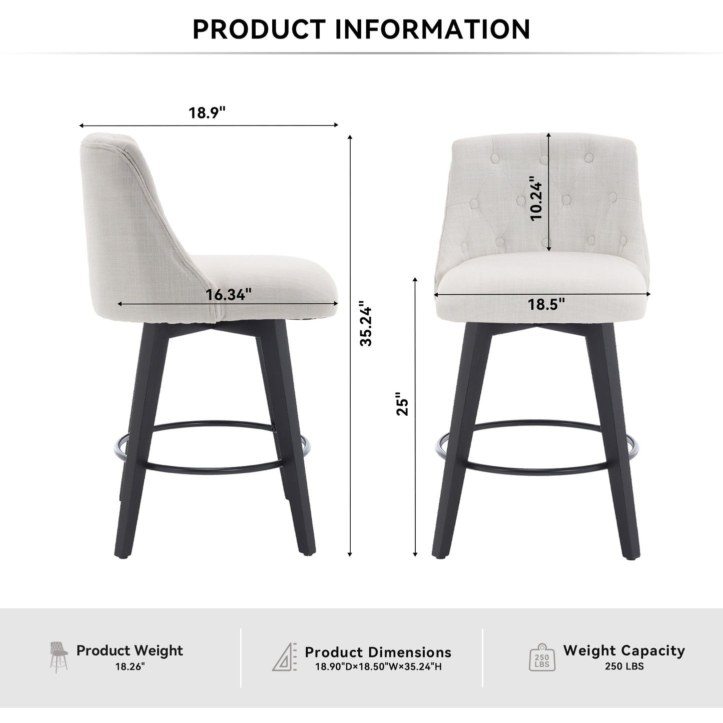White Bar Stools Set of 2 - 25 Inch Counter Height Swivel Bar Stools with Foam