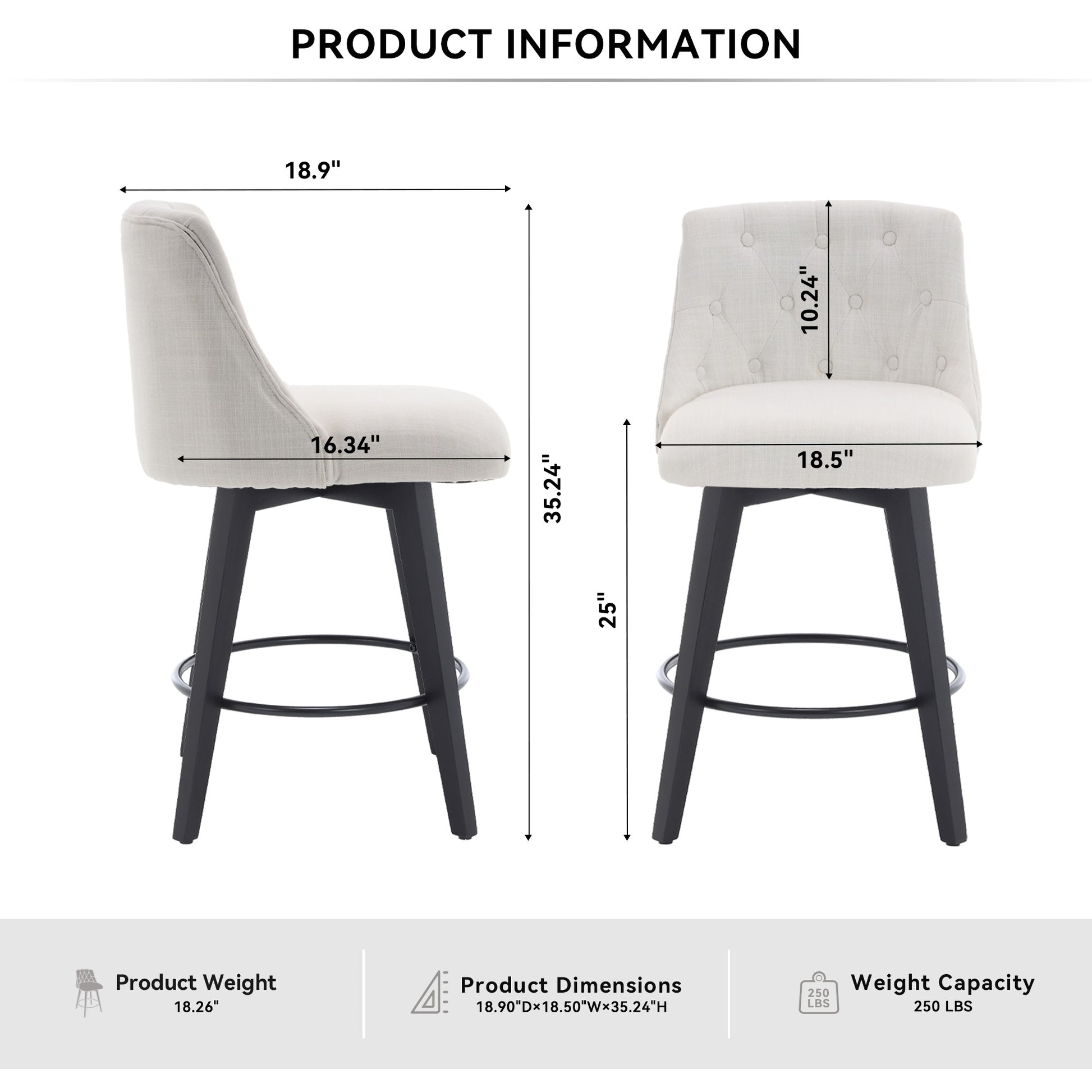 White Bar Stools Set of 2 - 25 Inch Counter Height Swivel Bar Stools with Foam