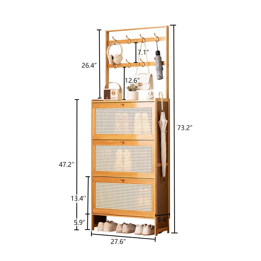 Bamboo Shoe Cabinet with Rattan Drawers - Entryway Storage for Living Room