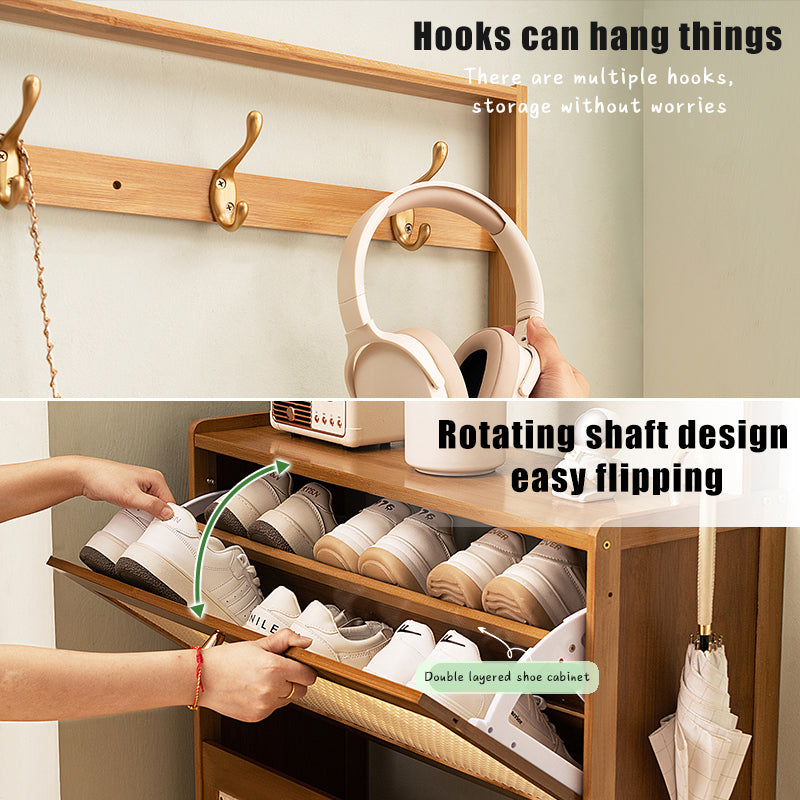 Bamboo Shoe Cabinet with Rattan Drawers - Entryway Storage for Living Room