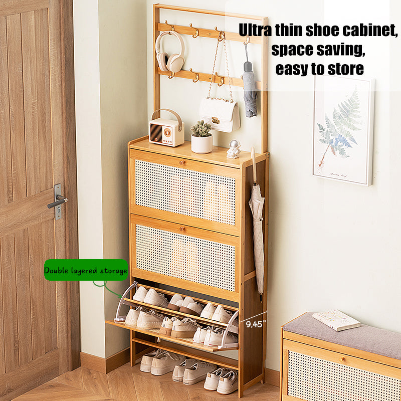 Bamboo Shoe Cabinet with Rattan Drawers - Entryway Storage for Living Room