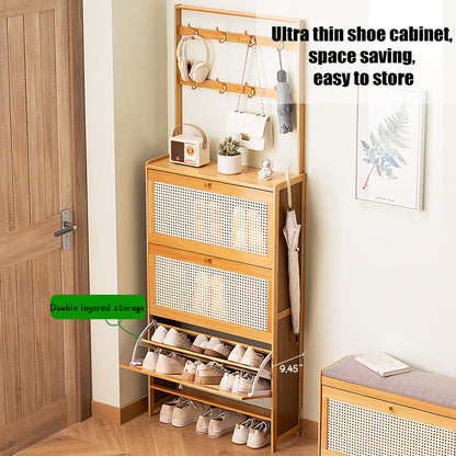 Bamboo Shoe Cabinet with Rattan Drawers - Entryway Storage for Living Room