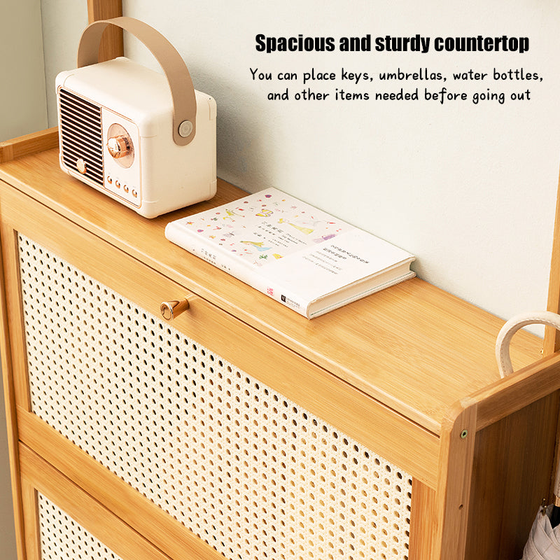 Bamboo Shoe Cabinet with Rattan Drawers - Entryway Storage for Living Room