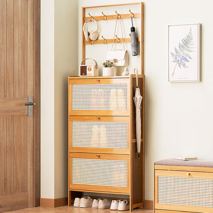 Shoe Cabinet with 3 Rattan Flip Drawers, Bamboo Shoe Storage Cabinet with Coat Hooks, Freestanding Shoe Cabinet Storage for Entryway, Hallway, Closet, Living Room ( Natural Color )