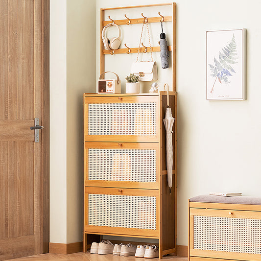 Shoe Cabinet with 3 Rattan Flip Drawers, Bamboo Shoe Storage Cabinet with Coat Hooks, Freestanding Shoe Cabinet Storage for Entryway, Hallway, Closet, Living Room ( Natural Color )
