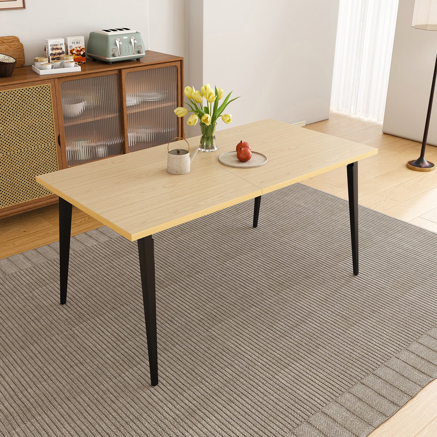 63-Inch Modern Dining Table - Natural Wood & Iron Legs