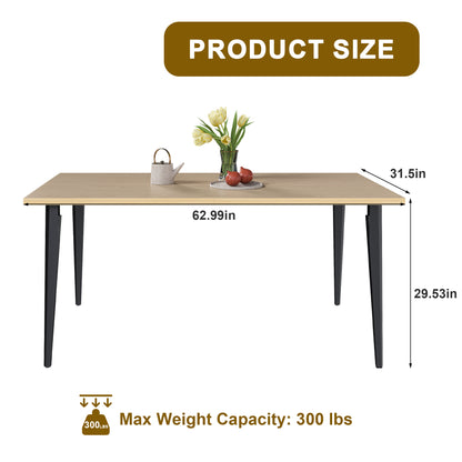 63-Inch Modern Dining Table - Natural Wood & Iron Legs