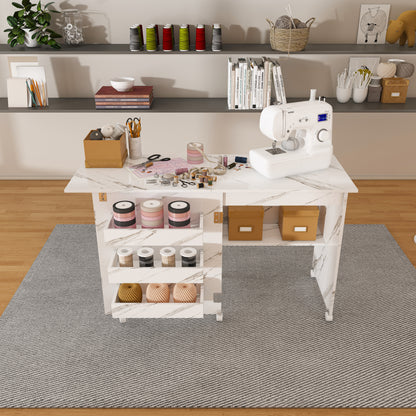 4-in-1 Folding Sewing Table with Lockable Wheels – Multi-Functional Craft Station, End Table, Computer Desk & Kitchen Storage with Shelves, White Rolling Sewing Machine Table for Apartments