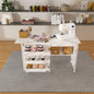 4-in-1 Folding Sewing Table with Lockable Wheels – Multi-Functional Craft Station, End Table, Computer Desk & Kitchen Storage with Shelves, White Rolling Sewing Machine Table for Apartments