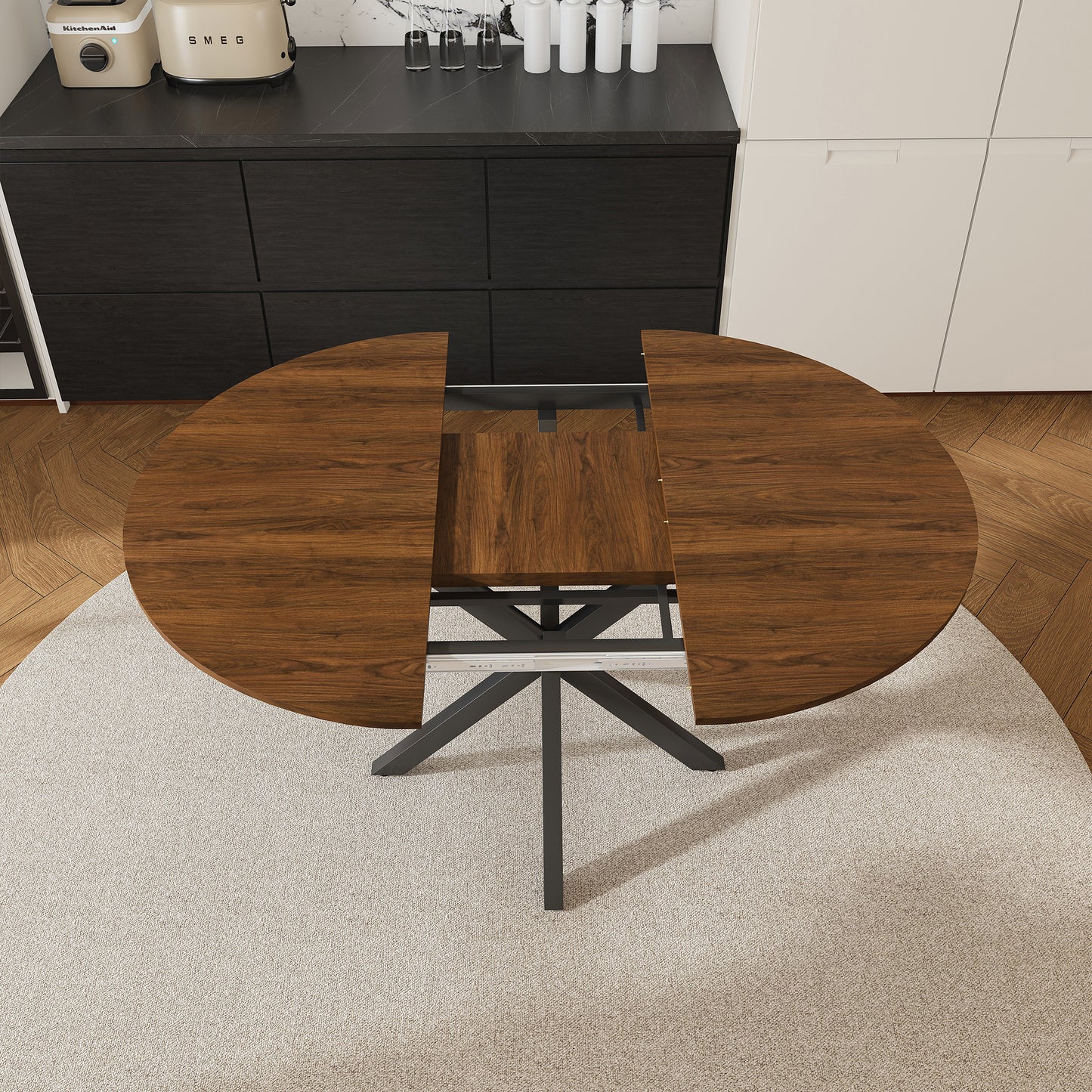 Round Walnut Dining Table - 42 to 58 Inch Extendable Table