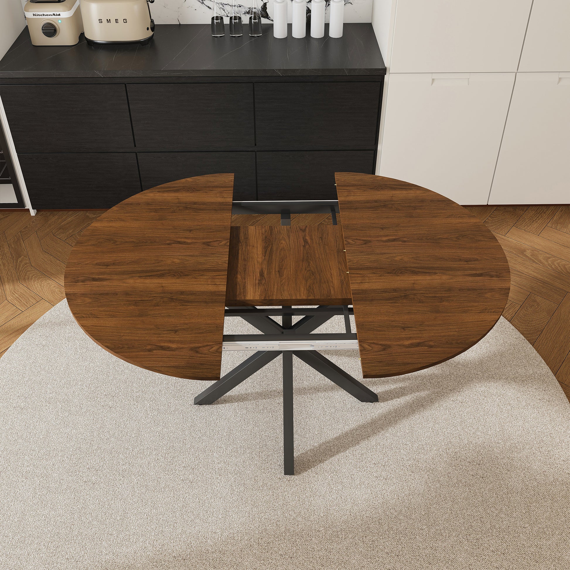 Round Walnut Dining Table - 42 to 58 Inch Extendable Table