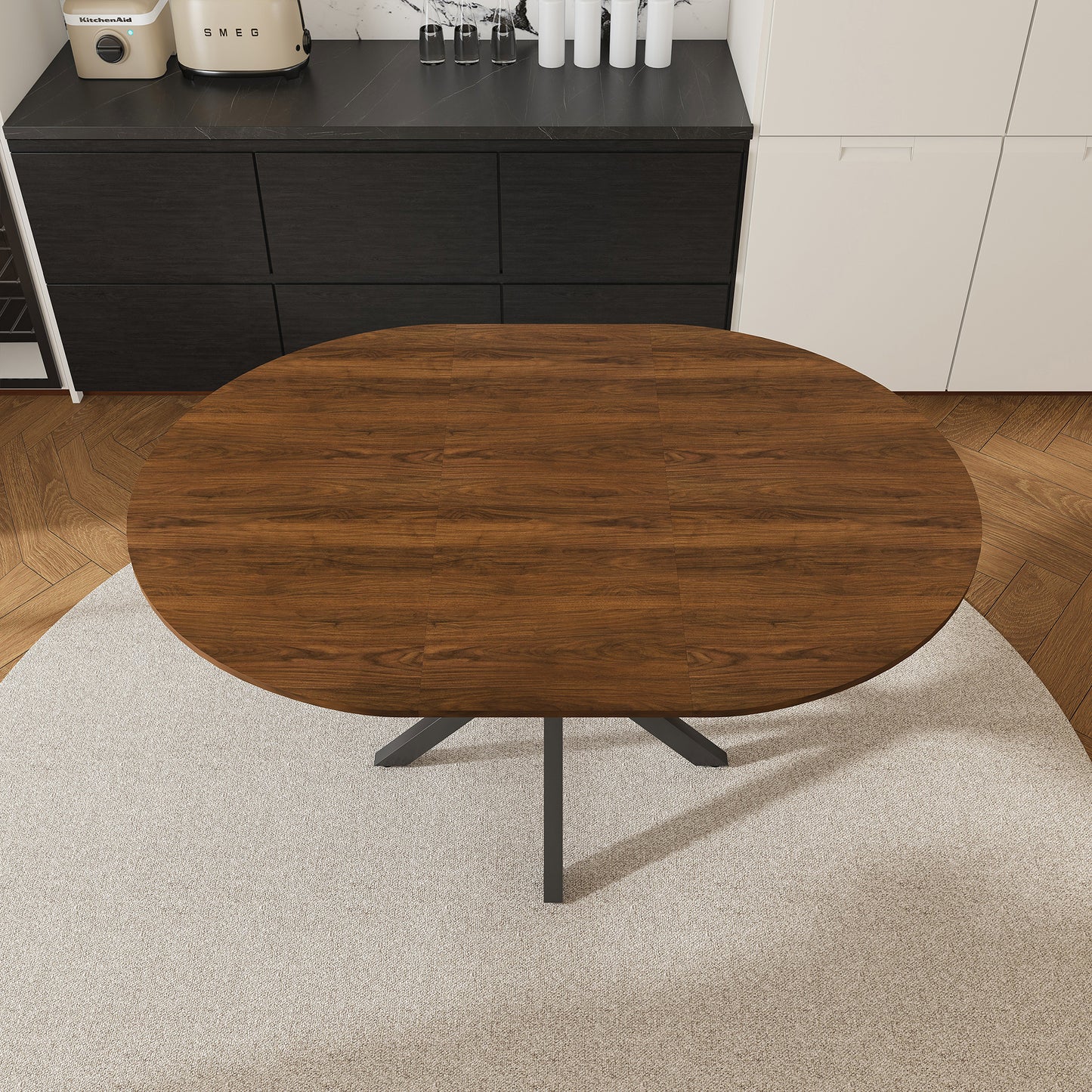 Round Walnut Dining Table - 42 to 58 Inch Extendable Table