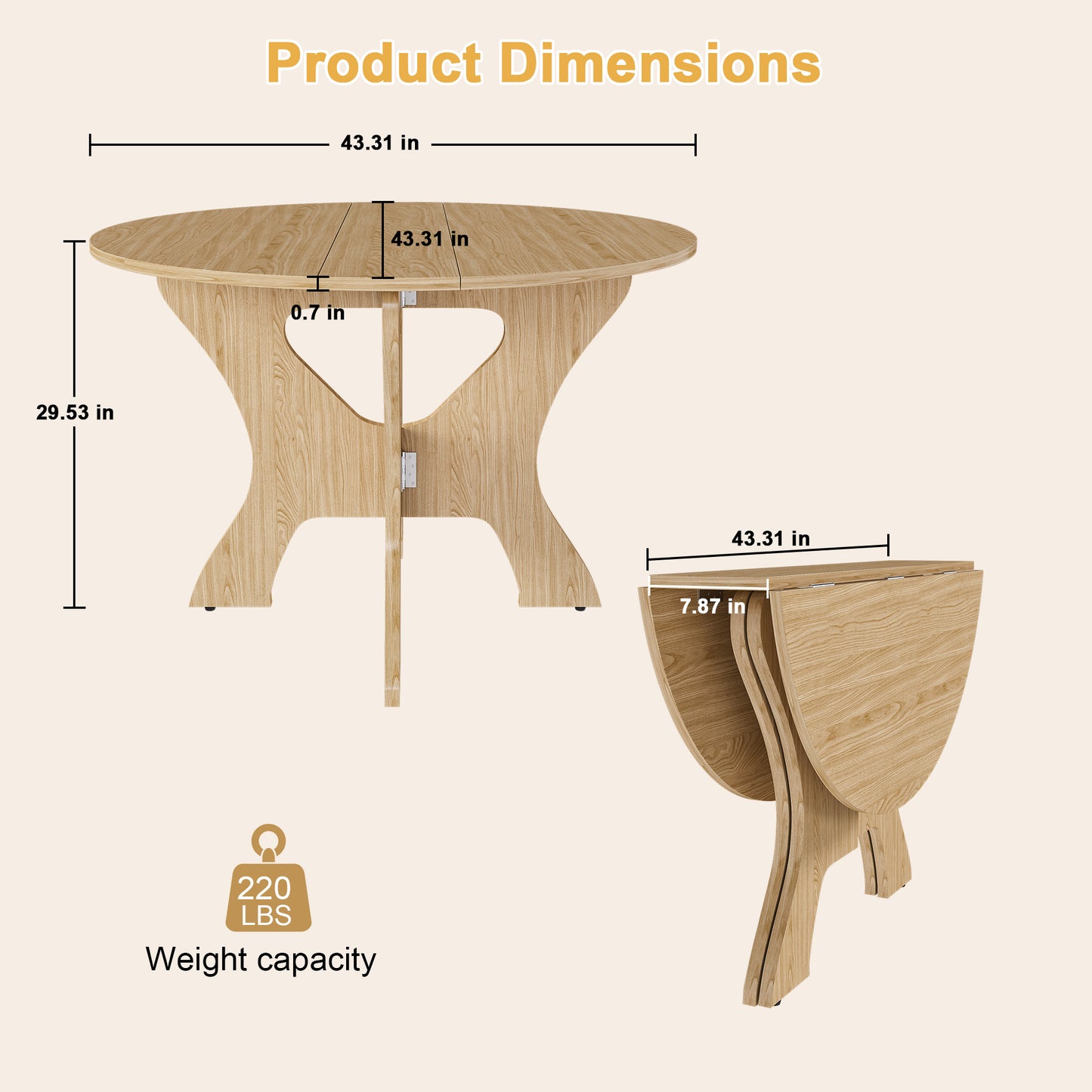 43 Inch Folding Round Dining Table - Ancient Oak for Dining Room