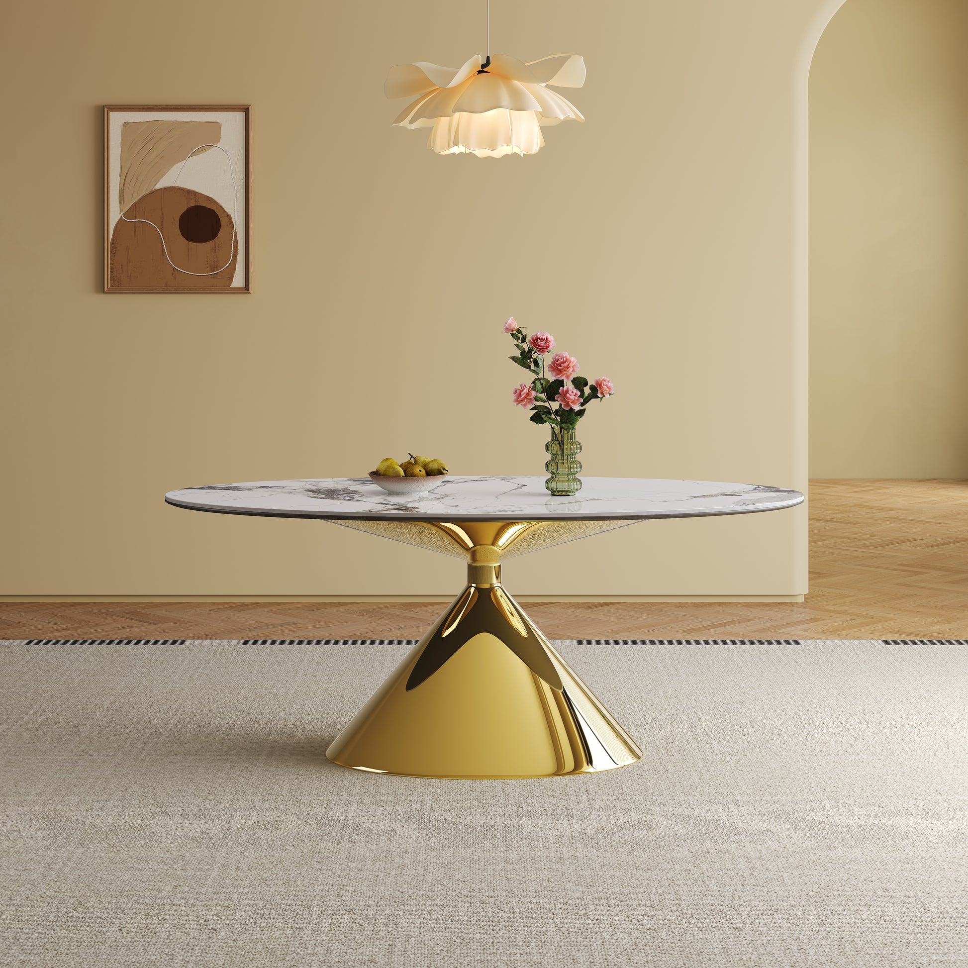 71" Modern Luxury Marble Dining Table Set for 4-6 People - Oval Kitchen Table with Gold Stainless Steel Base  - Elegant Contemporary Dining Room Furniture-Only table