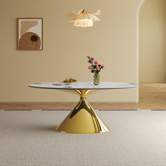 71" Modern Luxury Marble Dining Table Set for 4-6 People - Oval Kitchen Table with Gold Stainless Steel Base  - Elegant Contemporary Dining Room Furniture-Only table