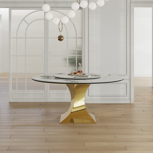 59" Round Sintered Stone Dining Table Set with Gold Stainless Steel Hourglass Base  - Modern Luxury Marble-Look Kitchen Table for 4-6 People, Scratch & Heat Resistant Surface-Only table