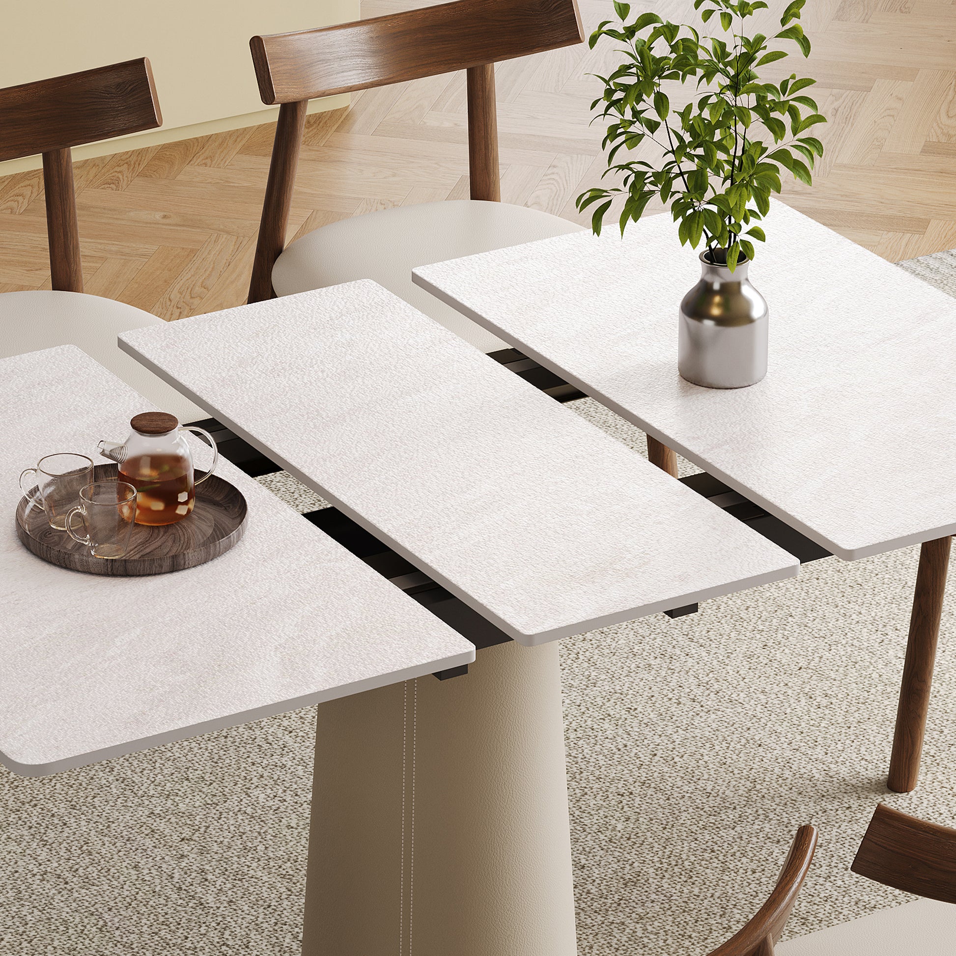 Dining Room Retractable Sintered Stone Dining Table with Leather Base for Space