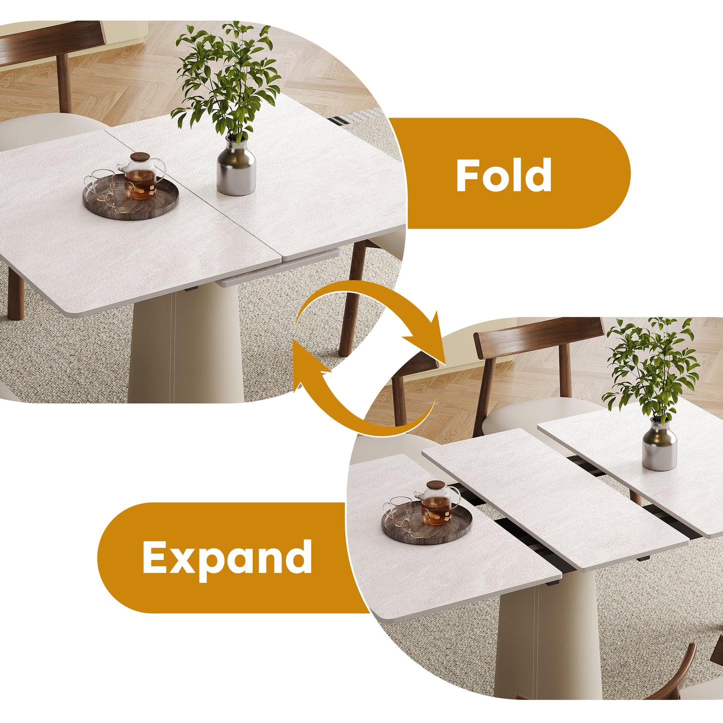 Dining Room Retractable Sintered Stone Dining Table with Leather Base for Space