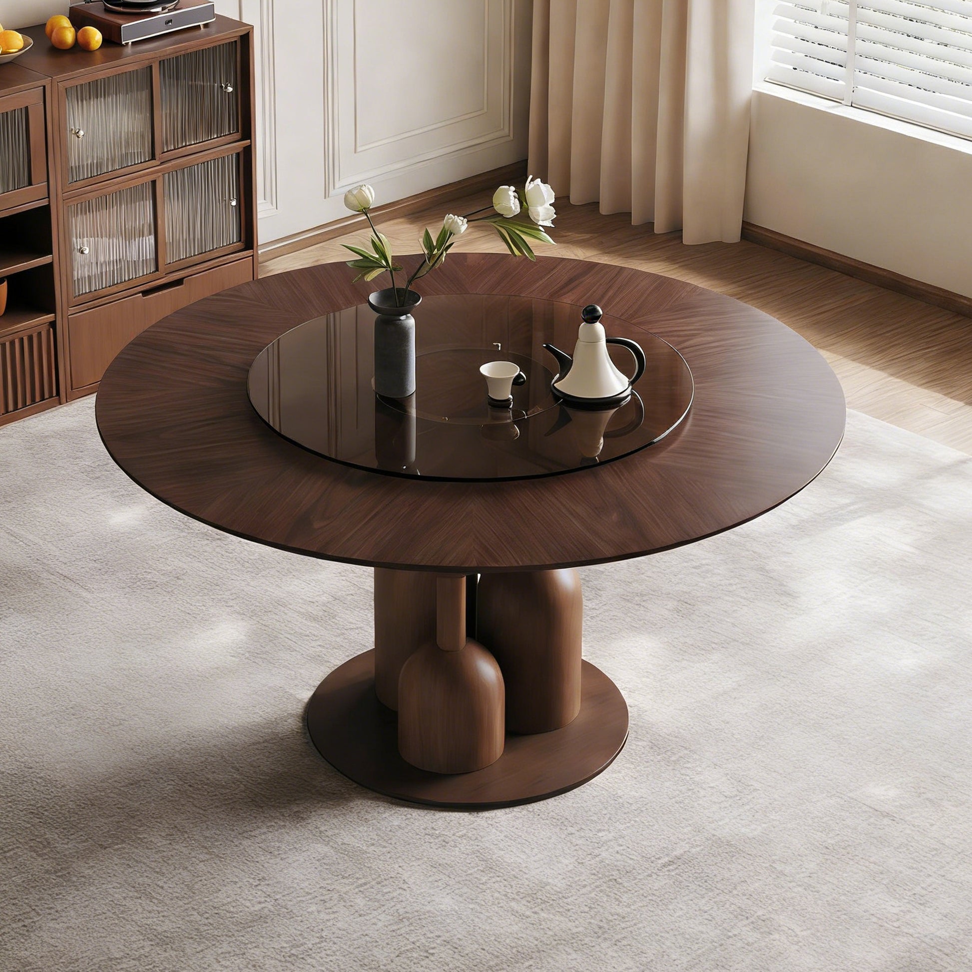 59-inch Natural Oak Wabi-Sabi Round Dining Table with 35-inch Tempered Glass Lazy Susan, Handcrafted Japanese Style Sculptural Table for Living Room & Restaurant