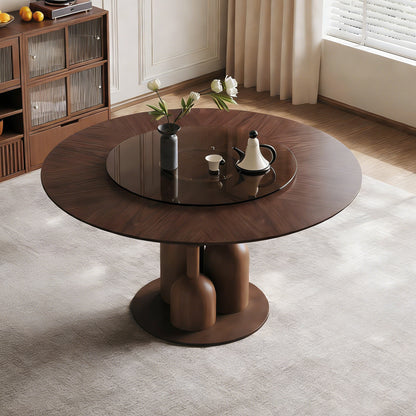 59-inch Natural Oak Wabi-Sabi Round Dining Table with 35-inch Tempered Glass Lazy Susan, Handcrafted Japanese Style Sculptural Table for Living Room & Restaurant
