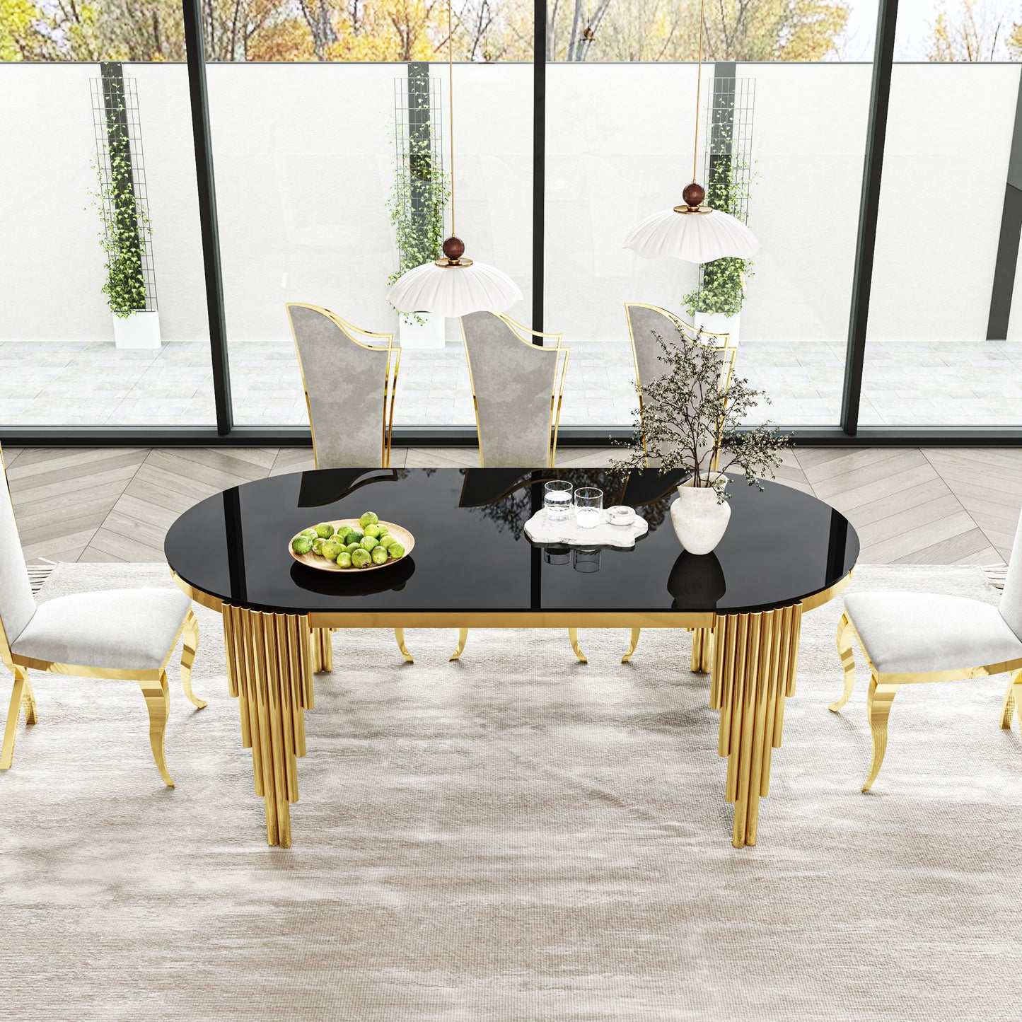 Oval Glass Dining Table with Gold Metal Base for Luxury Dining Rooms
