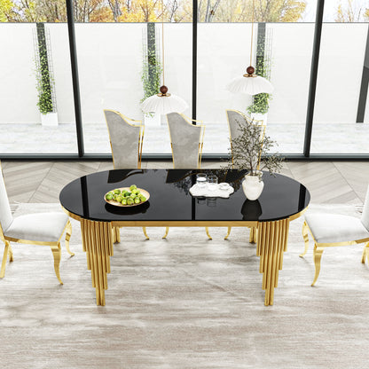 Oval Glass Dining Table with Gold Metal Base for Luxury Dining Rooms