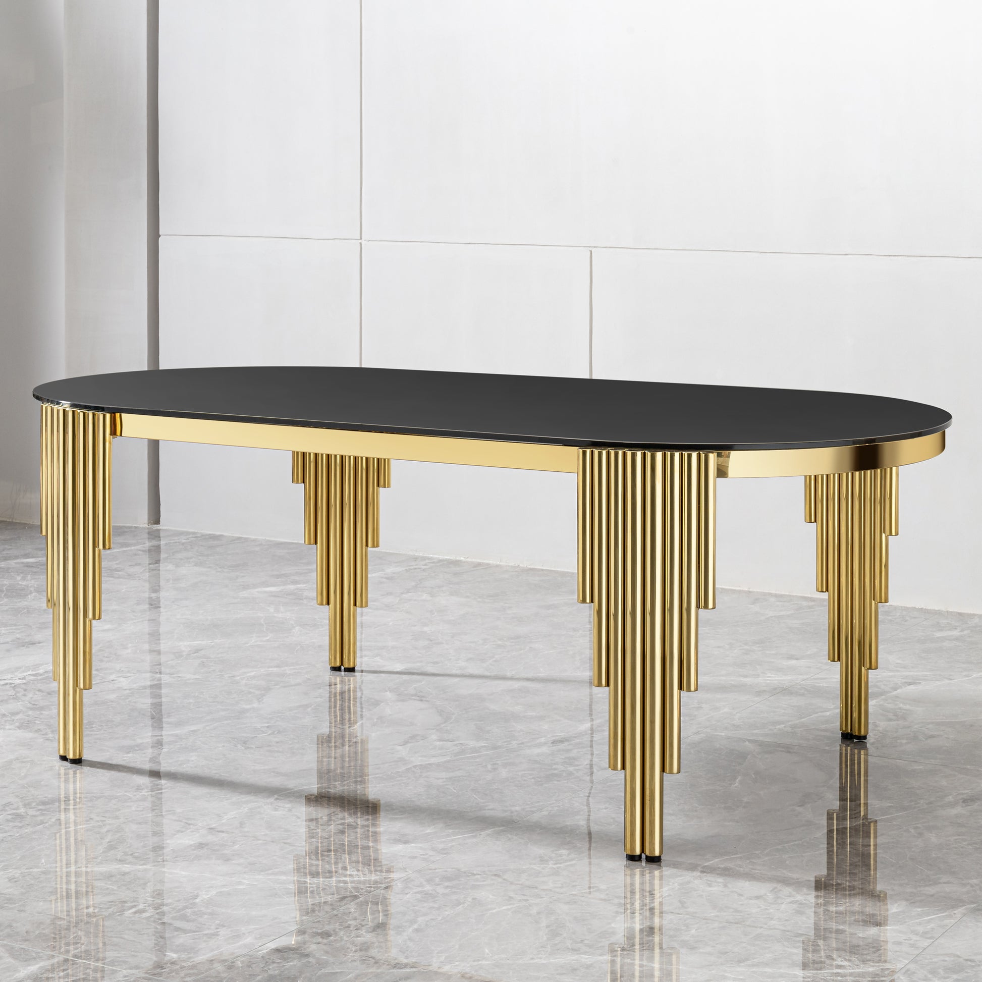 Oval Glass Dining Table with Gold Metal Base for Luxury Dining Rooms