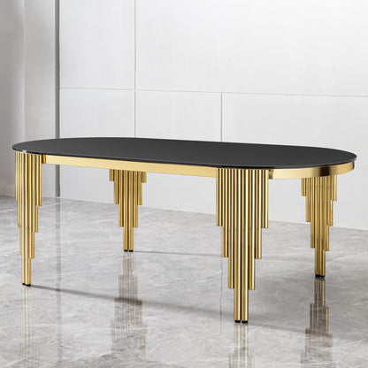 Oval Glass Dining Table with Gold Metal Base for Luxury Dining Rooms