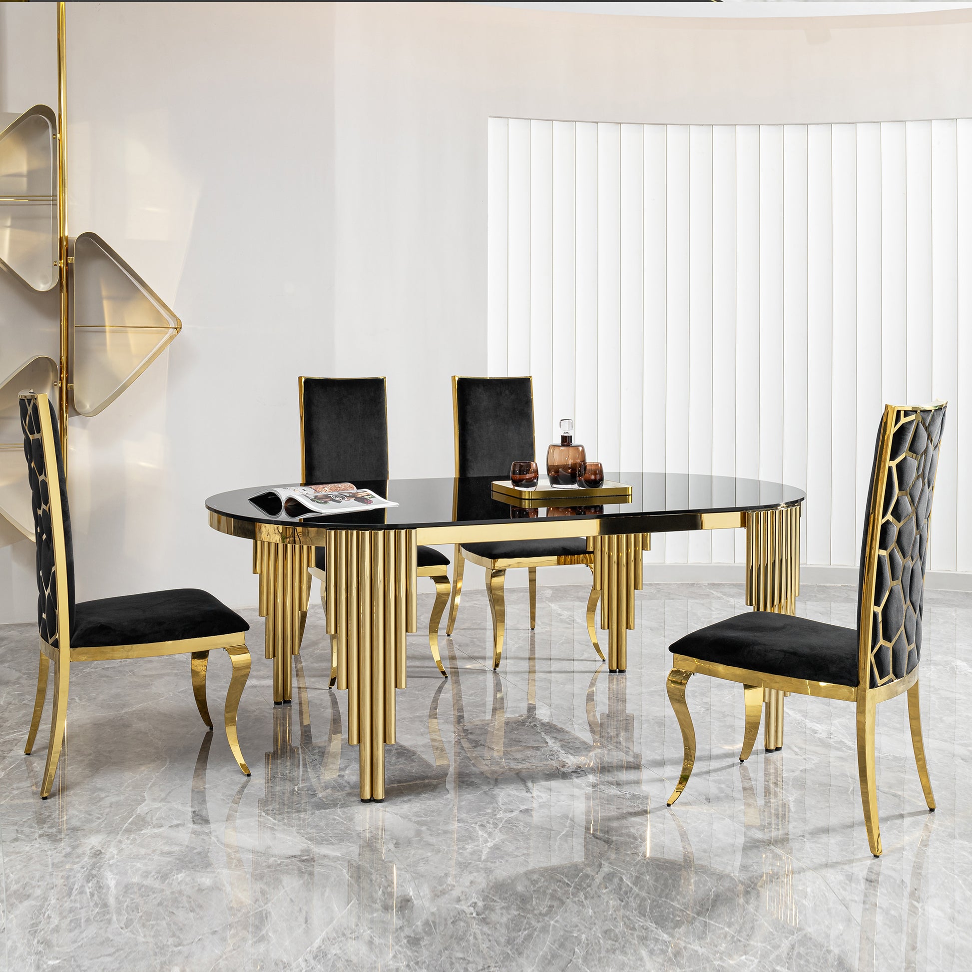 Oval Glass Dining Table with Gold Metal Base for Luxury Dining Rooms