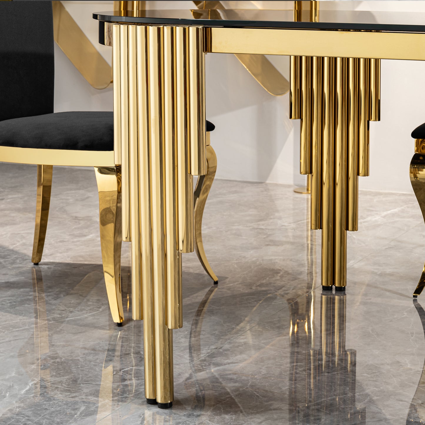 Oval Glass Dining Table with Gold Metal Base for Luxury Dining Rooms