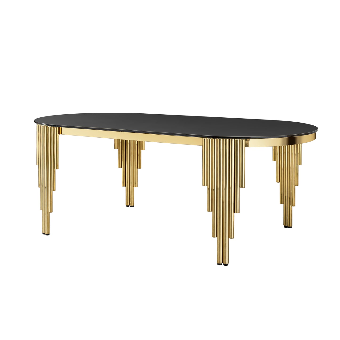 Oval Glass Dining Table with Gold Metal Base for Luxury Dining Rooms