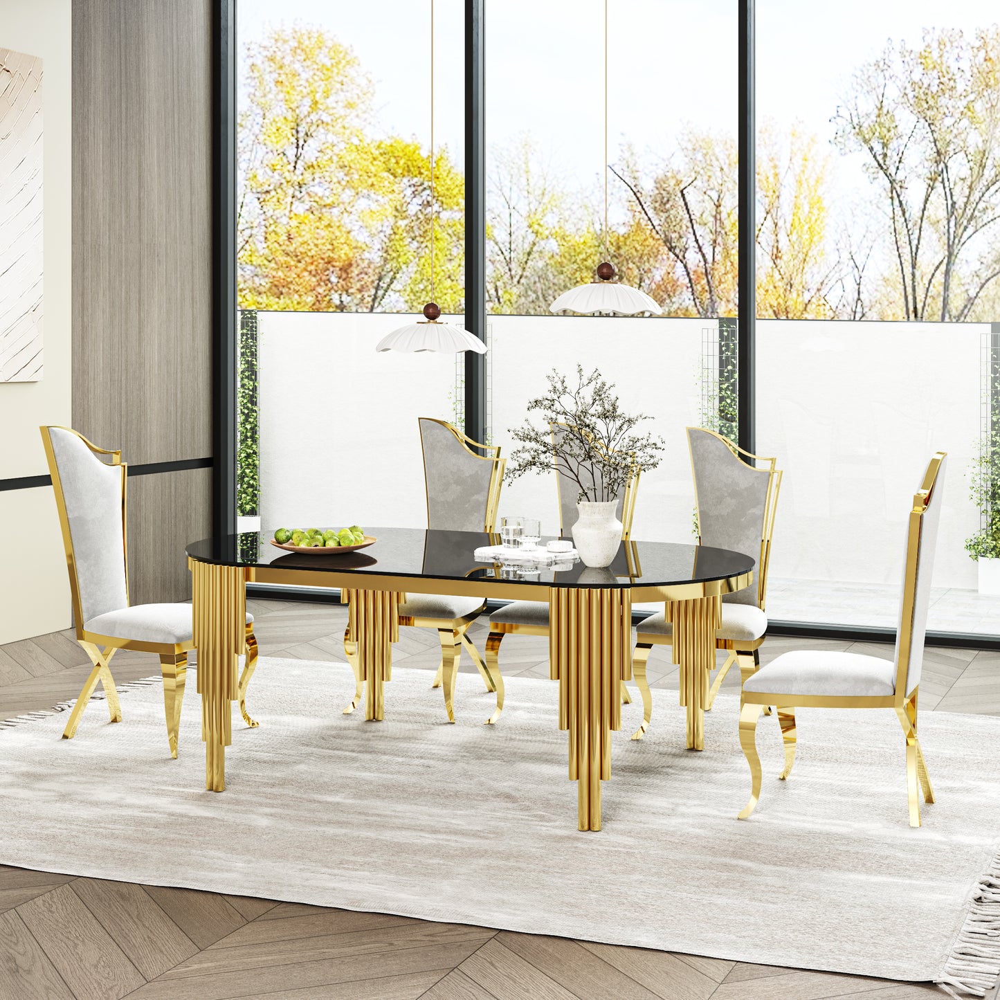 Dining Room Table Oval Shape L 70.07" x W 34.64" x H 29.53" Black Glass Top Modern Design Dinner Table With Gold Stainless Steel Legs Easy To Assembly And Clean