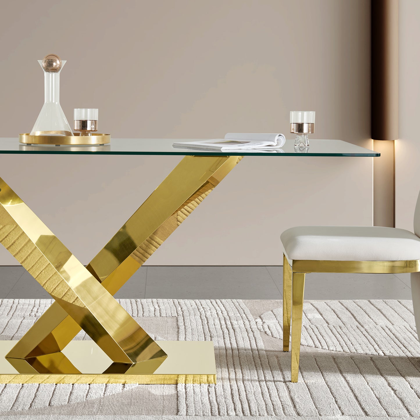 70" Modern Glass Dining Table - Gold Stainless Steel Base