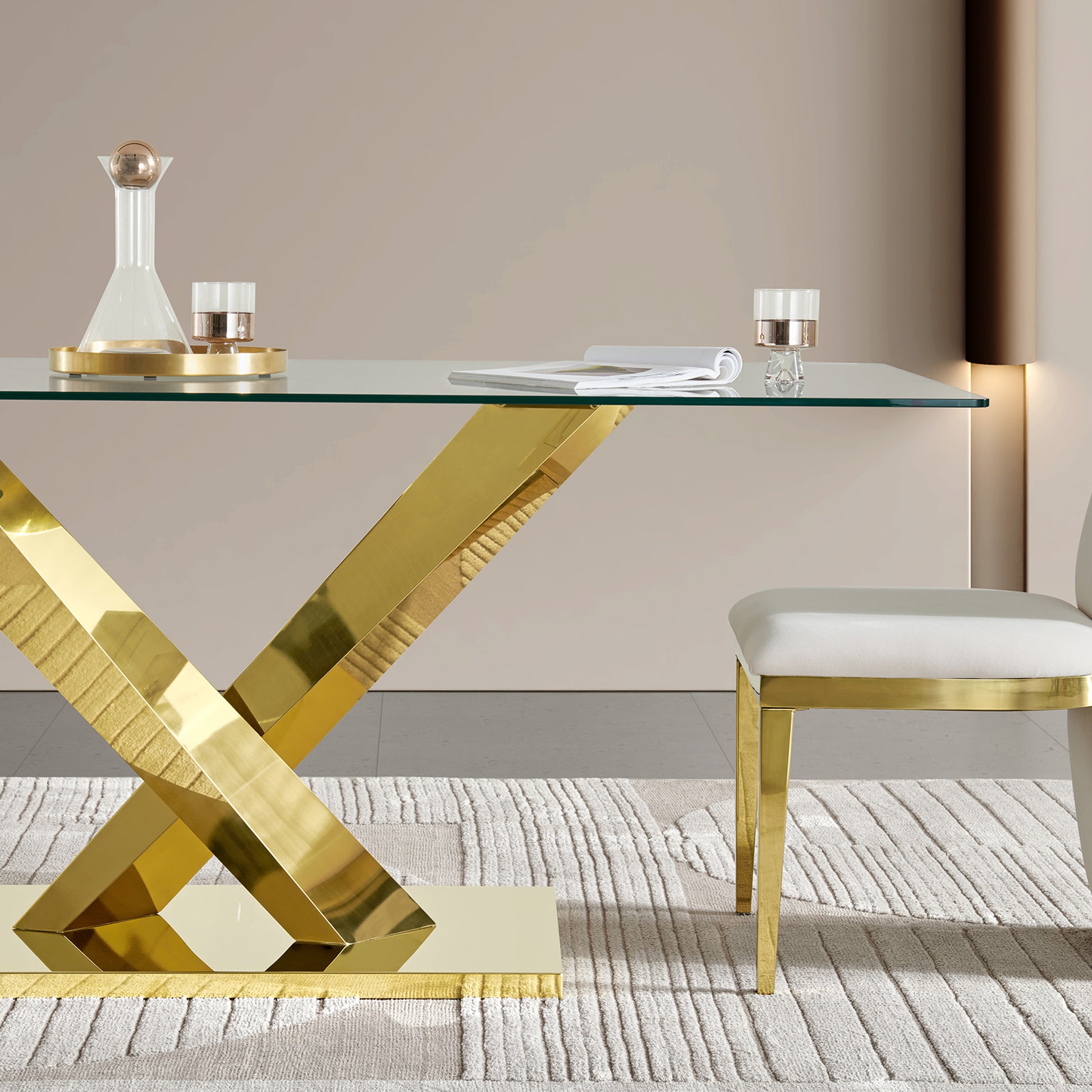 70" Modern Glass Dining Table - Gold Stainless Steel Base