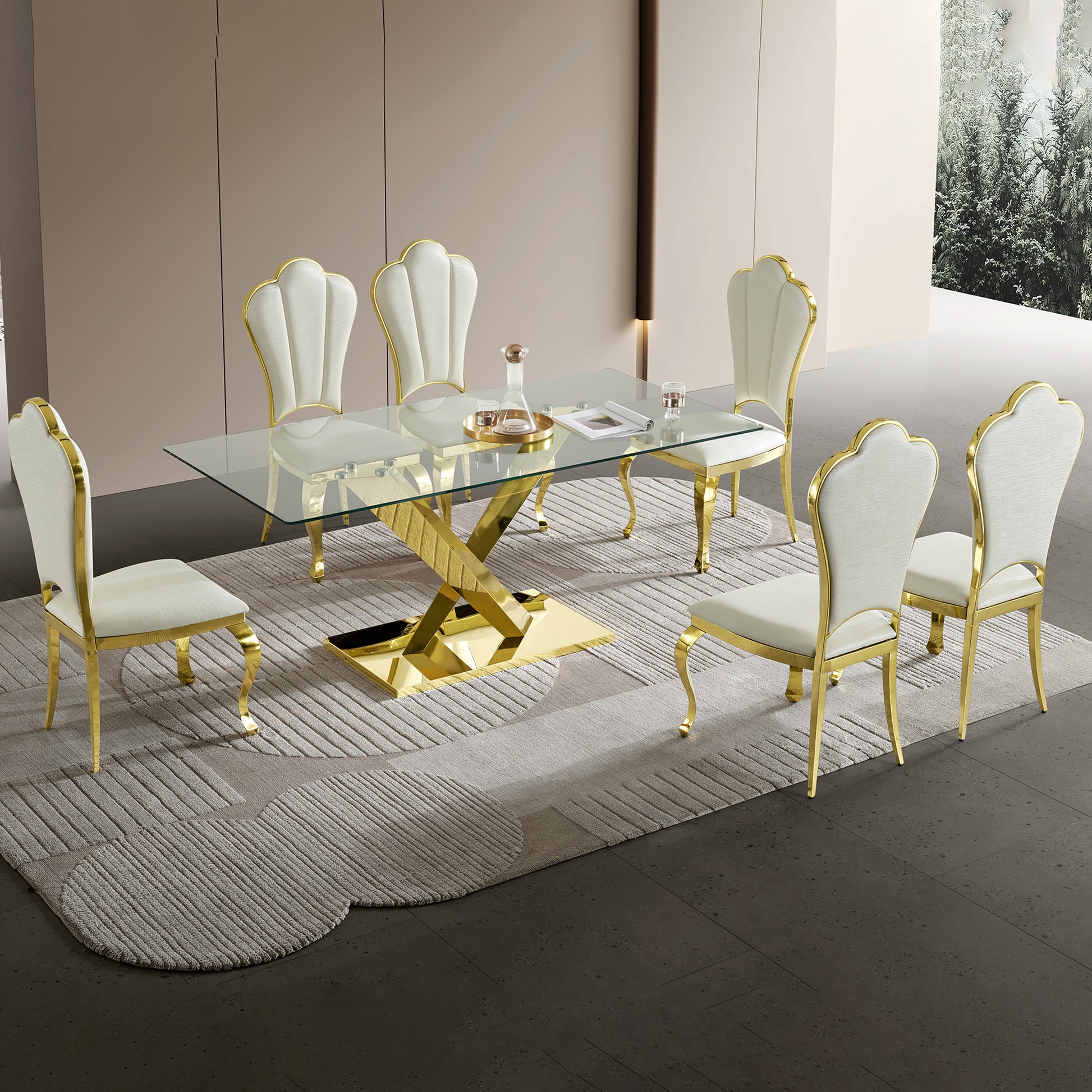 70" Modern Glass Dining Table - Gold Stainless Steel Base