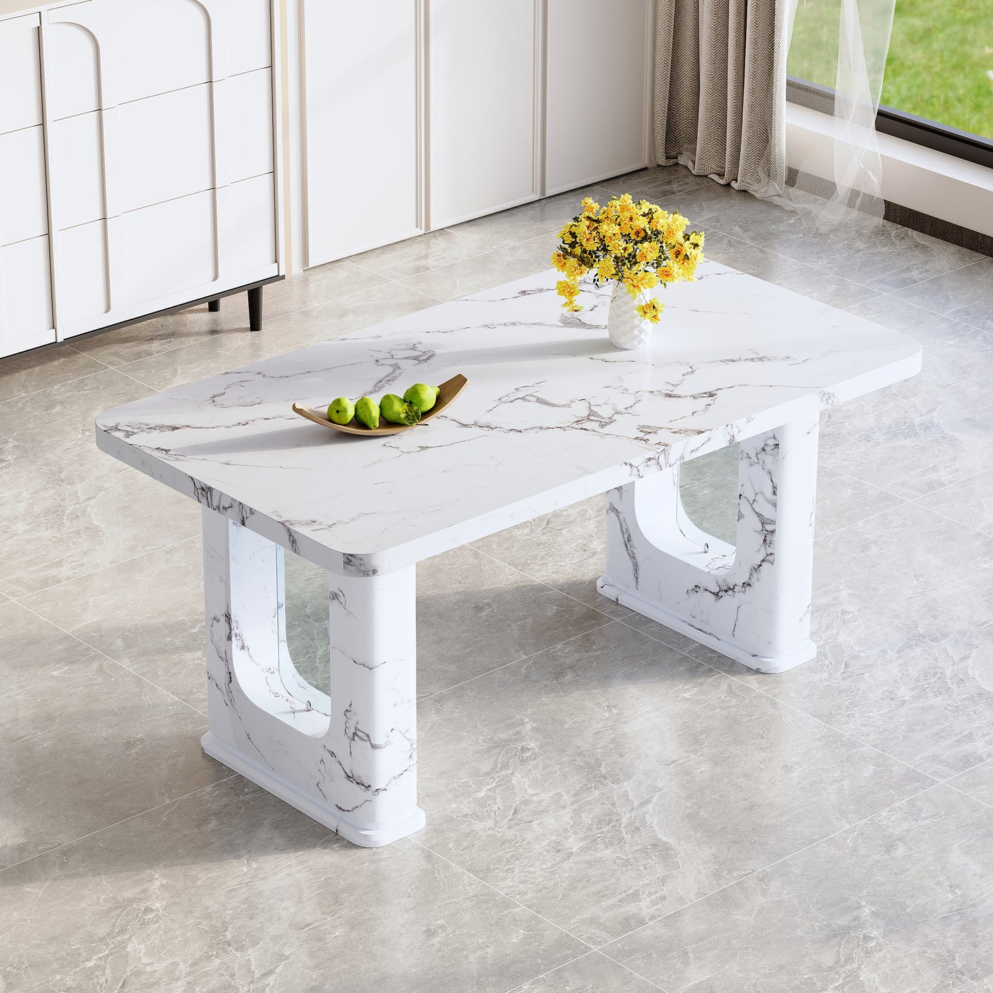 64.5×35.4 Inch Stylish Marble-Patterned Dining Table, Featuring Transparent Glass Design, Delicate Texture, and Minimalist Durability