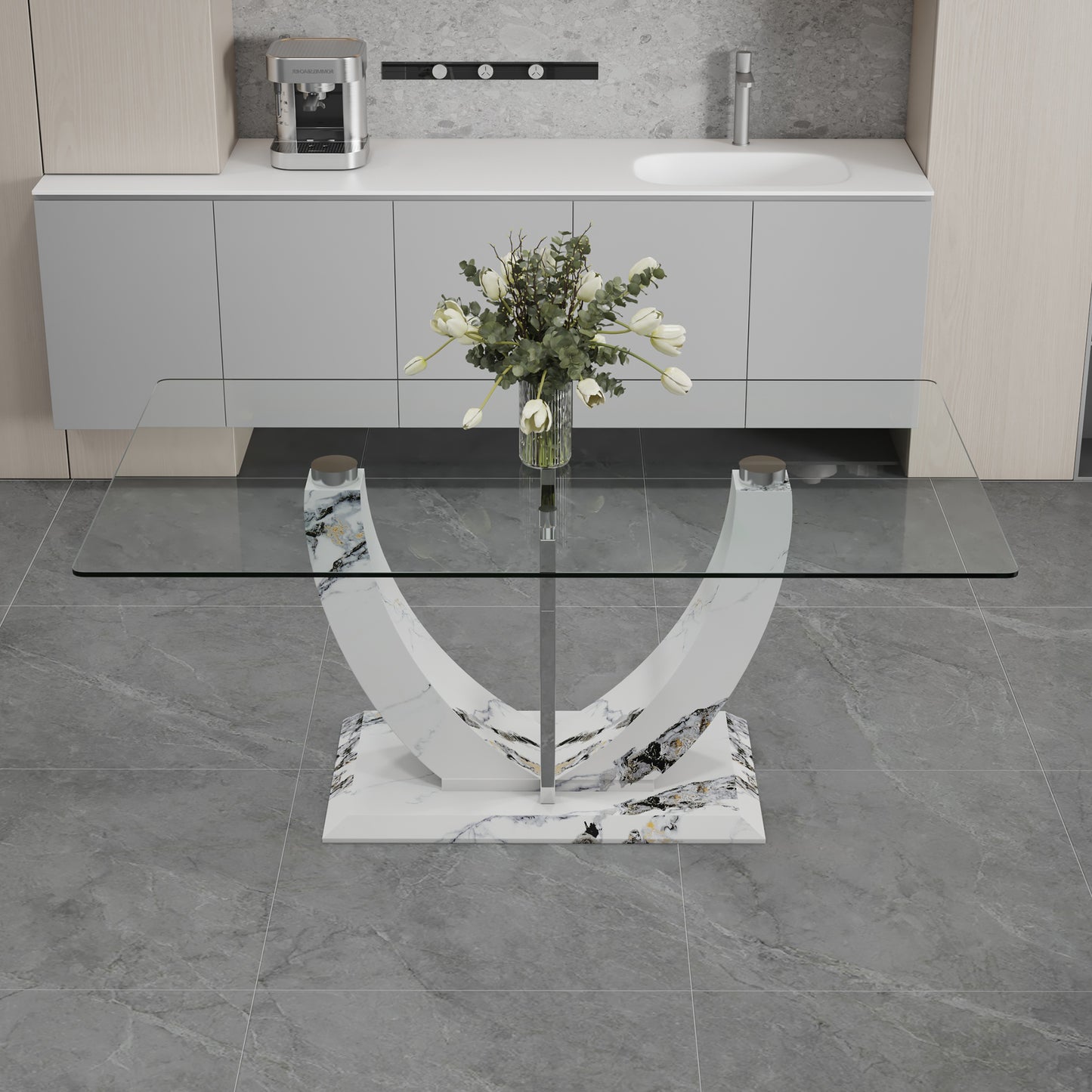 White Glass Dining Table - Modern Rectangular Table