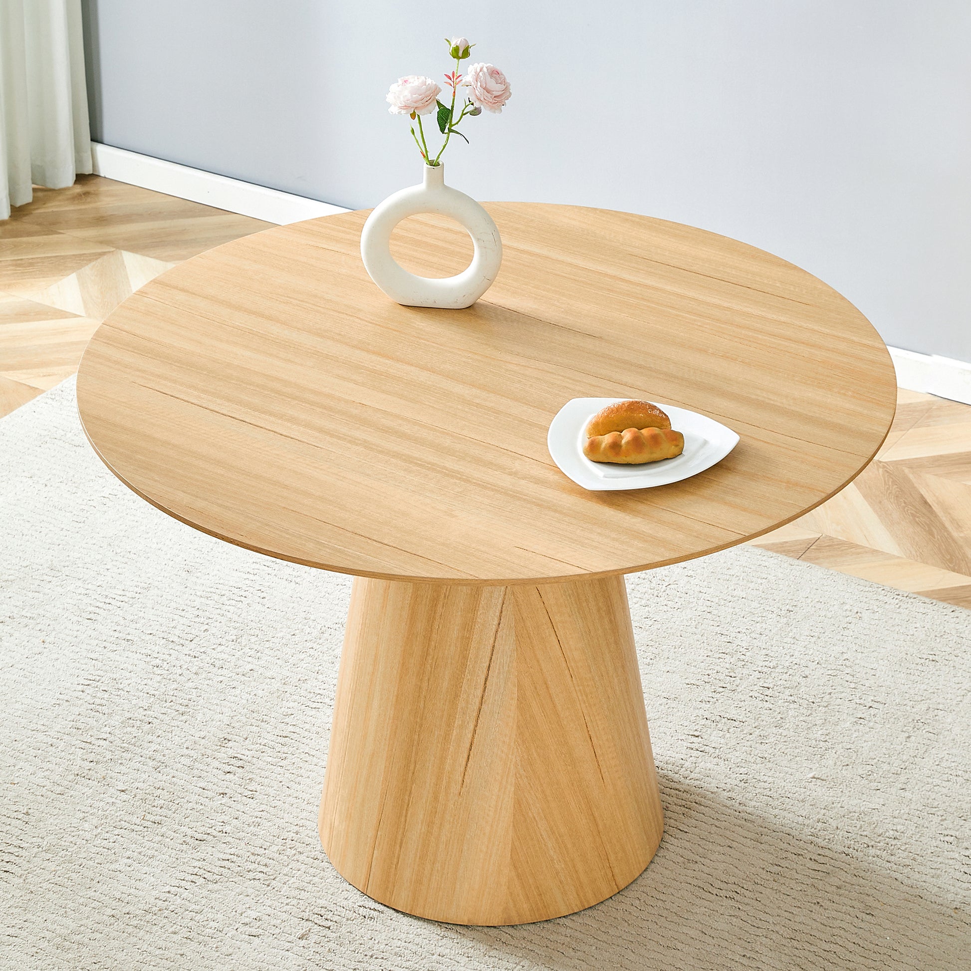Modern minimalist MDF Wood Texture Stickers circular dining table. The computer desk. The game table. Suitable for dining room, living room, terrace and kitchen.