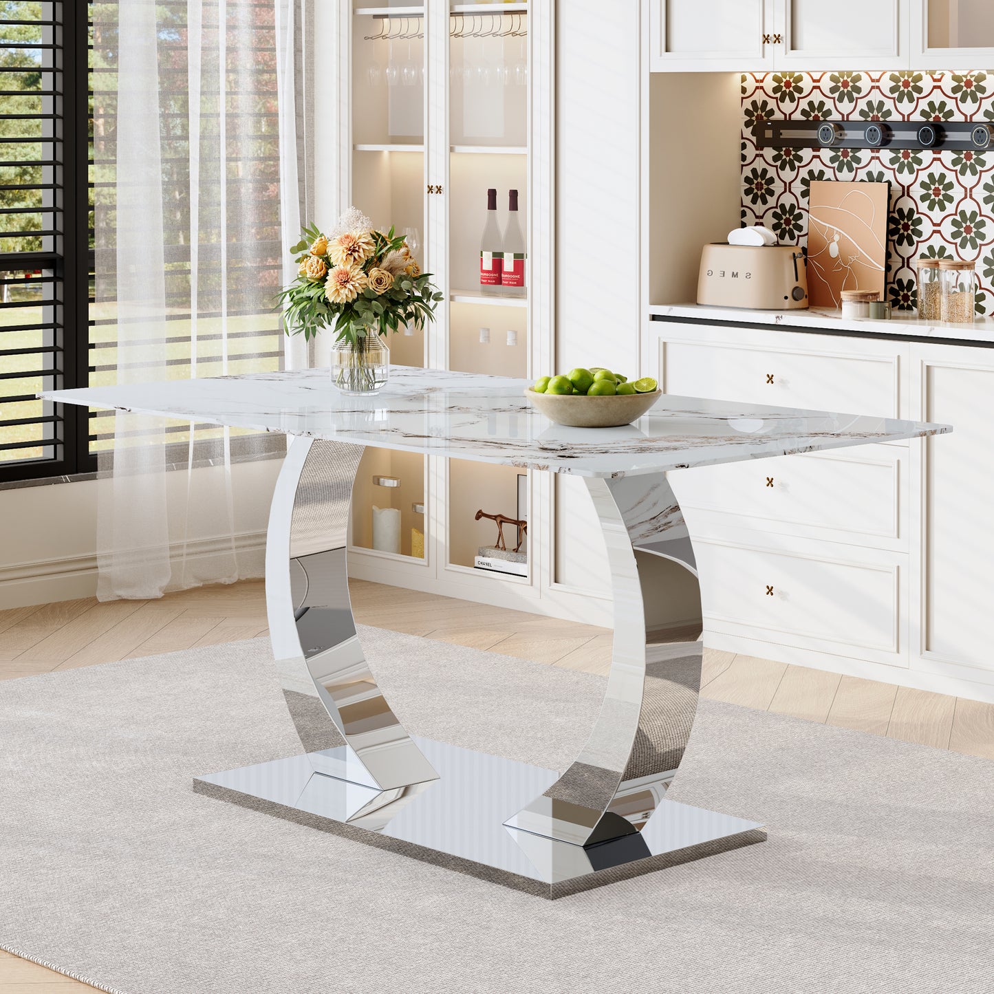 Transformable Heavy-Duty Stainless Steel Base in Silver 63" x 35" Dining Table  Luxury Pandora White Pattern Tempered Glass Rock Top for Kitchen Dining Room