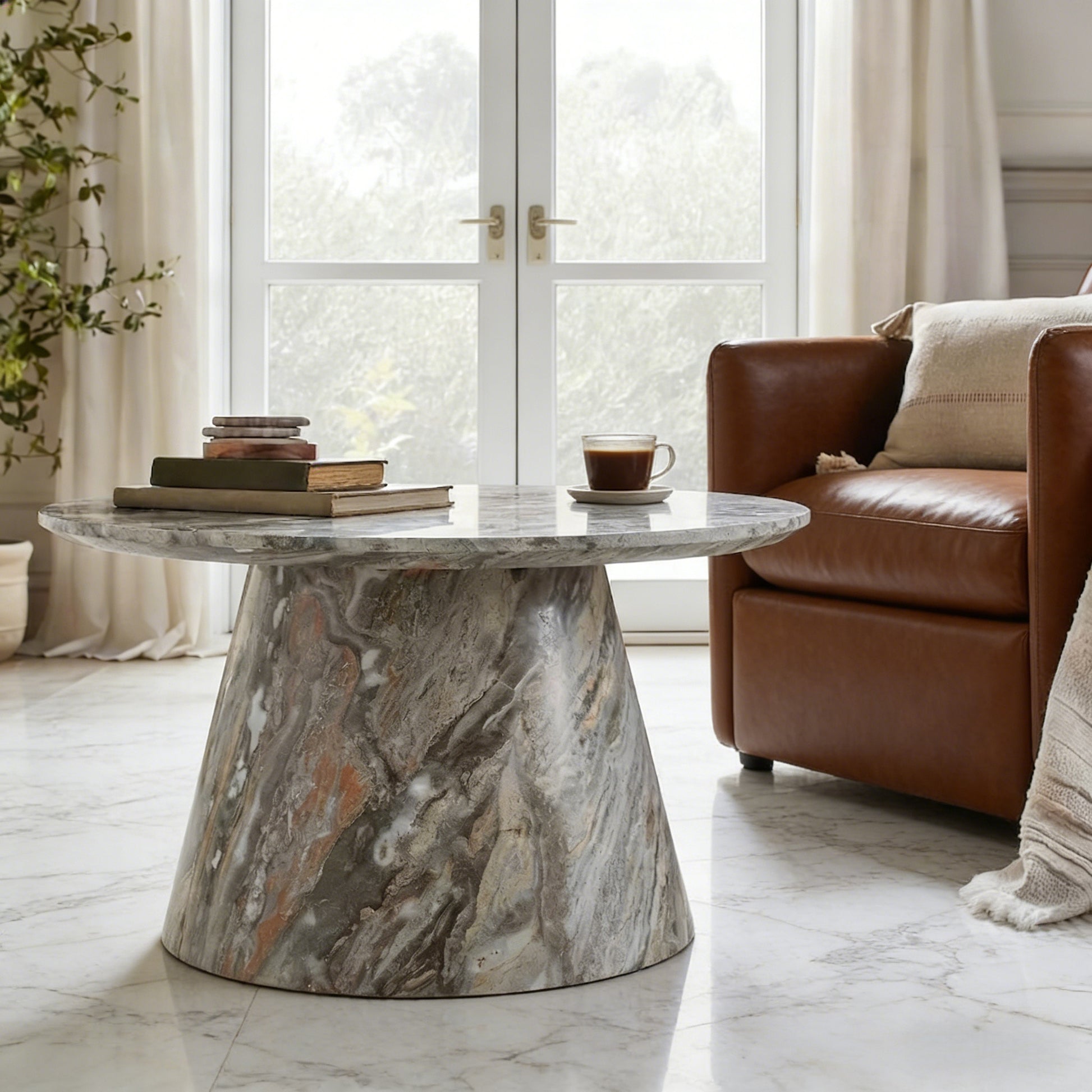 Grey textured medium density fiberboard circular coffee table - diameter 23.6 inches, height 13.7 inches Grey textured veneer, delicate texture, flexible adaptation to circular tabletop.