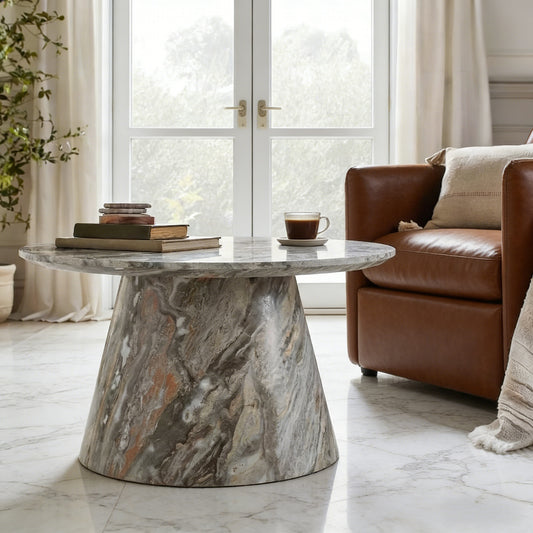 Grey textured medium density fiberboard circular coffee table - diameter 23.6 inches, height 13.7 inches Grey textured veneer, delicate texture, flexible adaptation to circular tabletop.